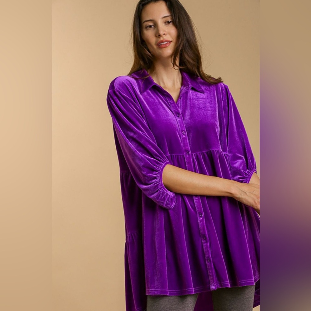 Umgee Full Size Button Down Tiered Back High Low Shirt